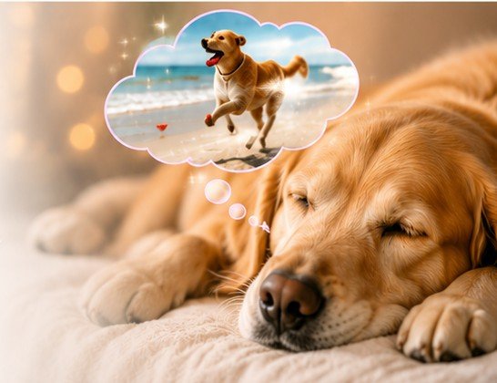 Sleeping dog with a possible dream of running on a beach